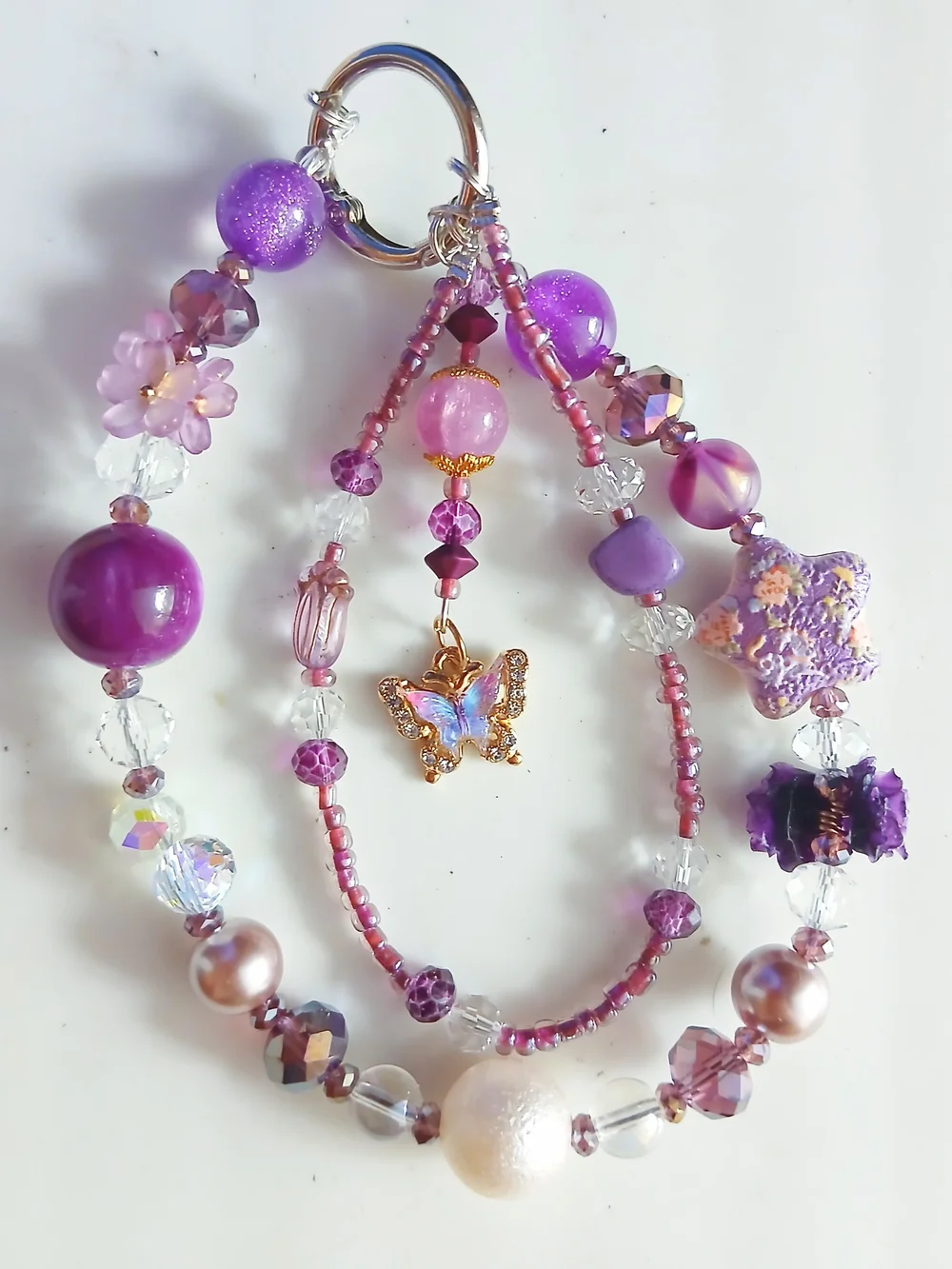 Handmade Purple Beaded Phone/Purse Charm with Butterfly Charm